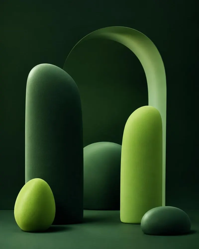 Soft green sculptural forms under a glowing arch, representing the calm Lekuluent approach