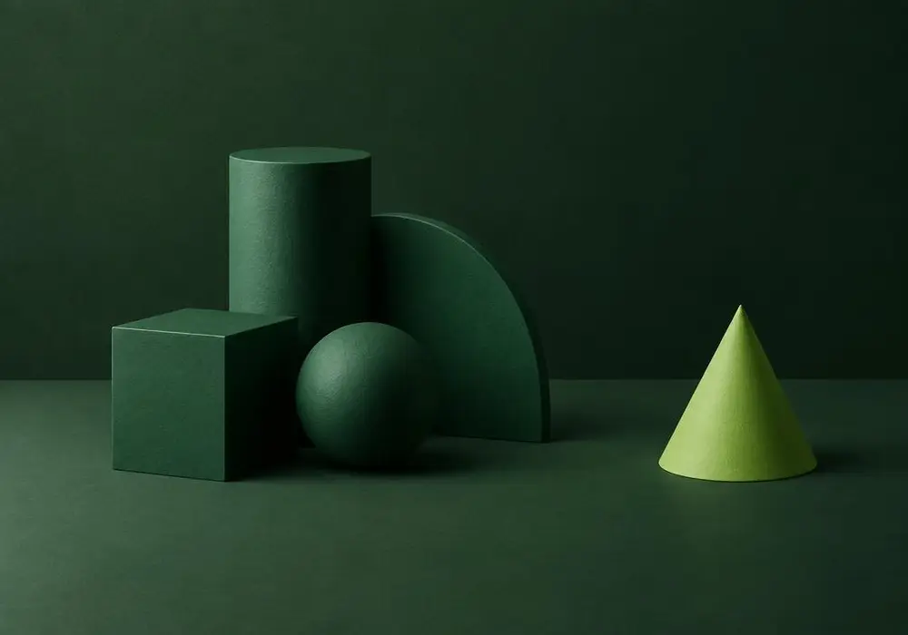 Simple geometric shapes grouped calmly with one set apart