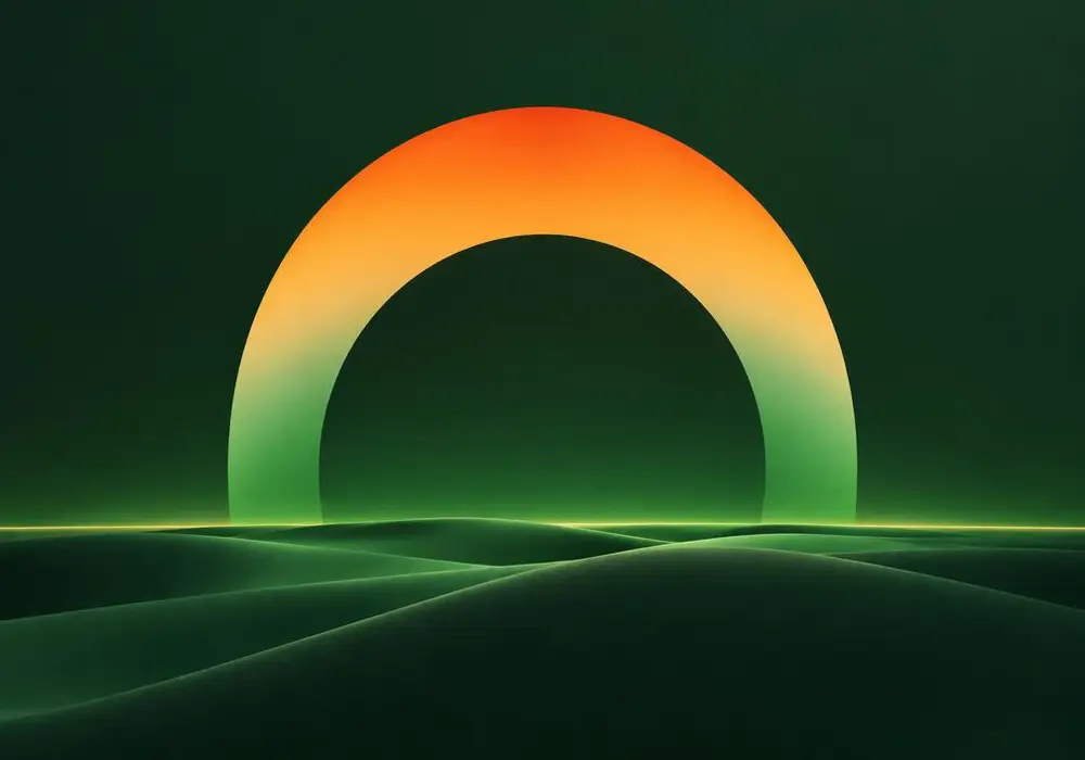 Warm sunrise arch over calm green hills