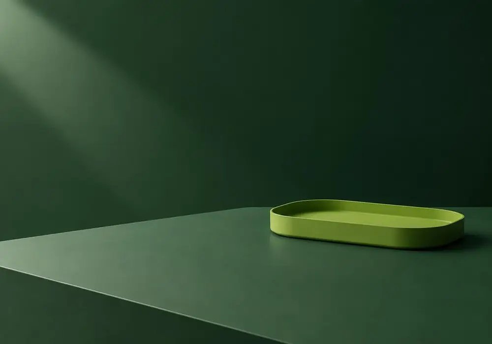 A single lime tray on a clear green desk lit by a soft diagonal beam