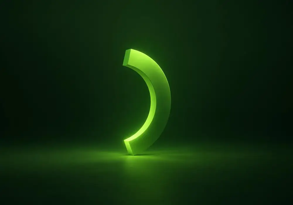 A glowing lime crescent standing on a dark green surface, marking a quiet evening hour
