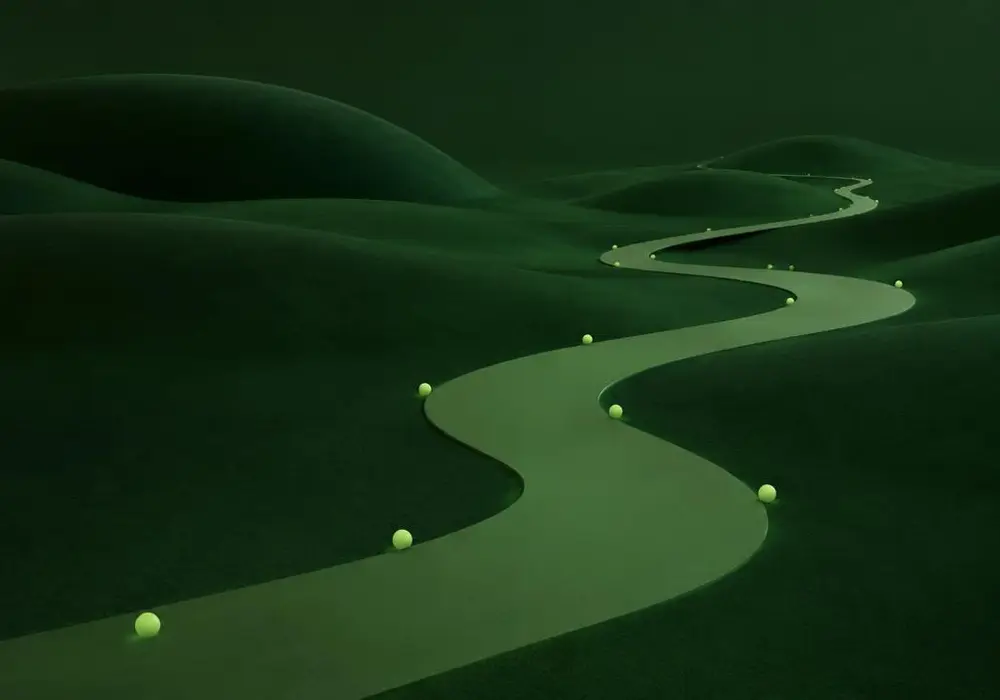 A winding path over green hills marked with small glowing points